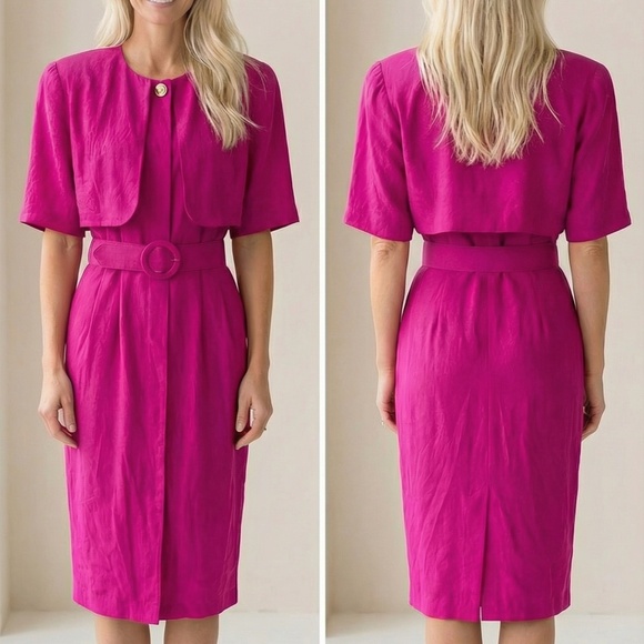 VTG Silk Dress Pink w/ Belt - Picture 3 of 8